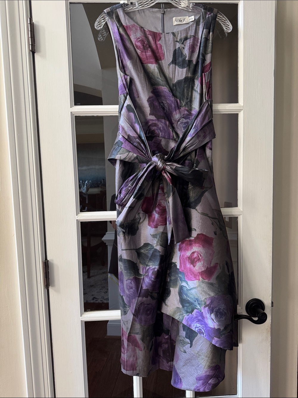 Eliza J Gray Floral Midi Dress with Purple & Pink Blooms